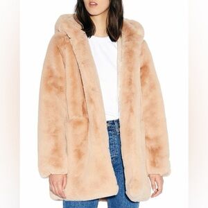 Apparis Sand Plush Faux Fur Hooded Coat M Neutral Beige Vegan Luxe Soft NWOT
